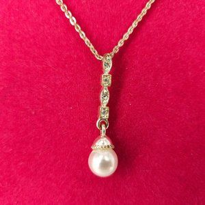 Faux Pearl Bead Rhinestone Necklace Pendant Lariat Y Jewelry 9.5" Silver Dress